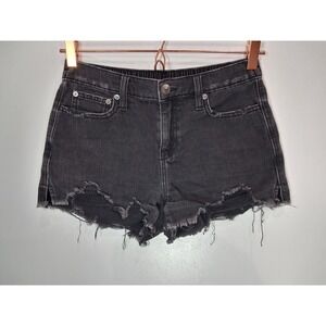 Aerie Womens XS Black Distressed Denim Shorts Elastic Back High Waist Cut Offs